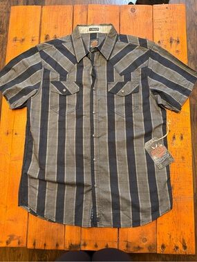 Moonshine Men's Short-Sleeve Navy Blue & Gray Stripe Western Shirt